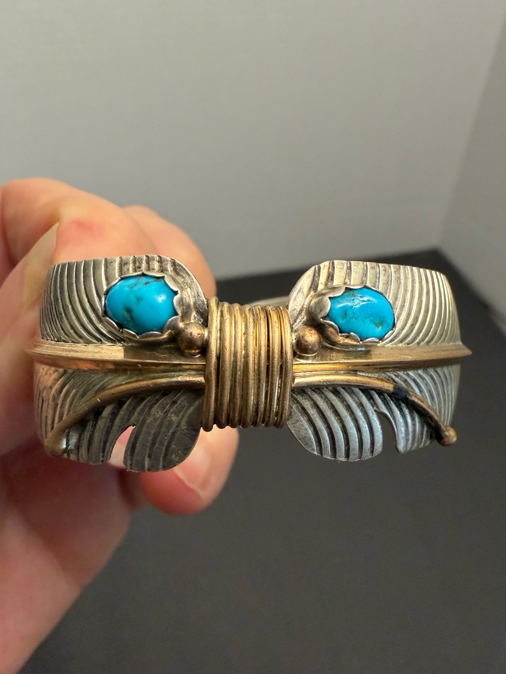Vintage Navajo sterling/turquoise/gold feather cuff bracelet